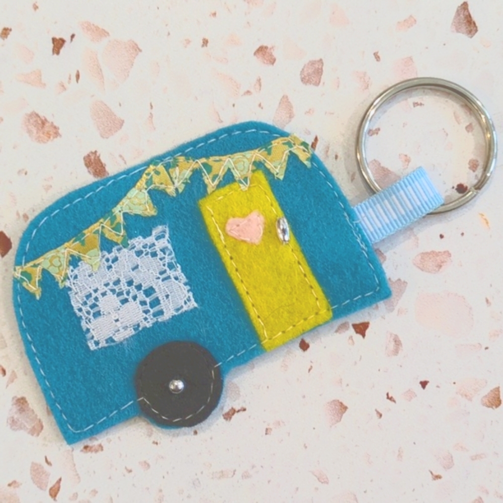 Turquoise Handmade Happy Camper Key Ring Felt Lace Beads Ribbon Fabric | New #1